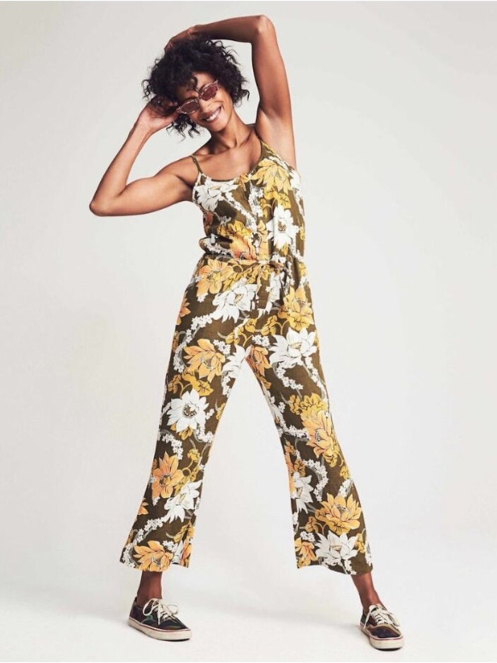 Faherty M Medium Leila Jumpsuit Linen Blend Kick Flare Cropped Boho Casual Olive